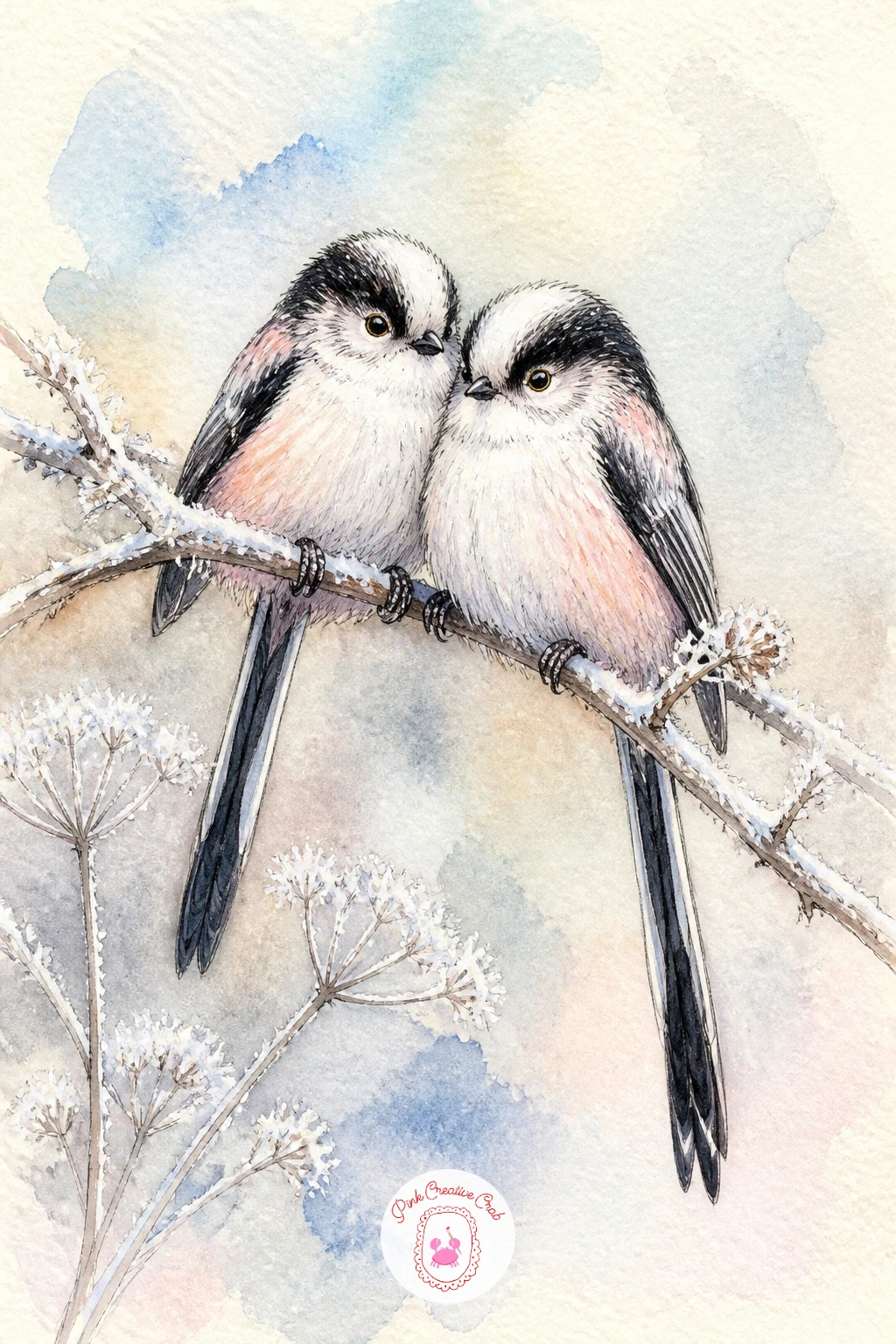 Two Long-Tailed Tits On A Frosty Twig — Two long-tailed tits huddled together on one frosty twig is a chance to draw a pair rather than a single bird, with