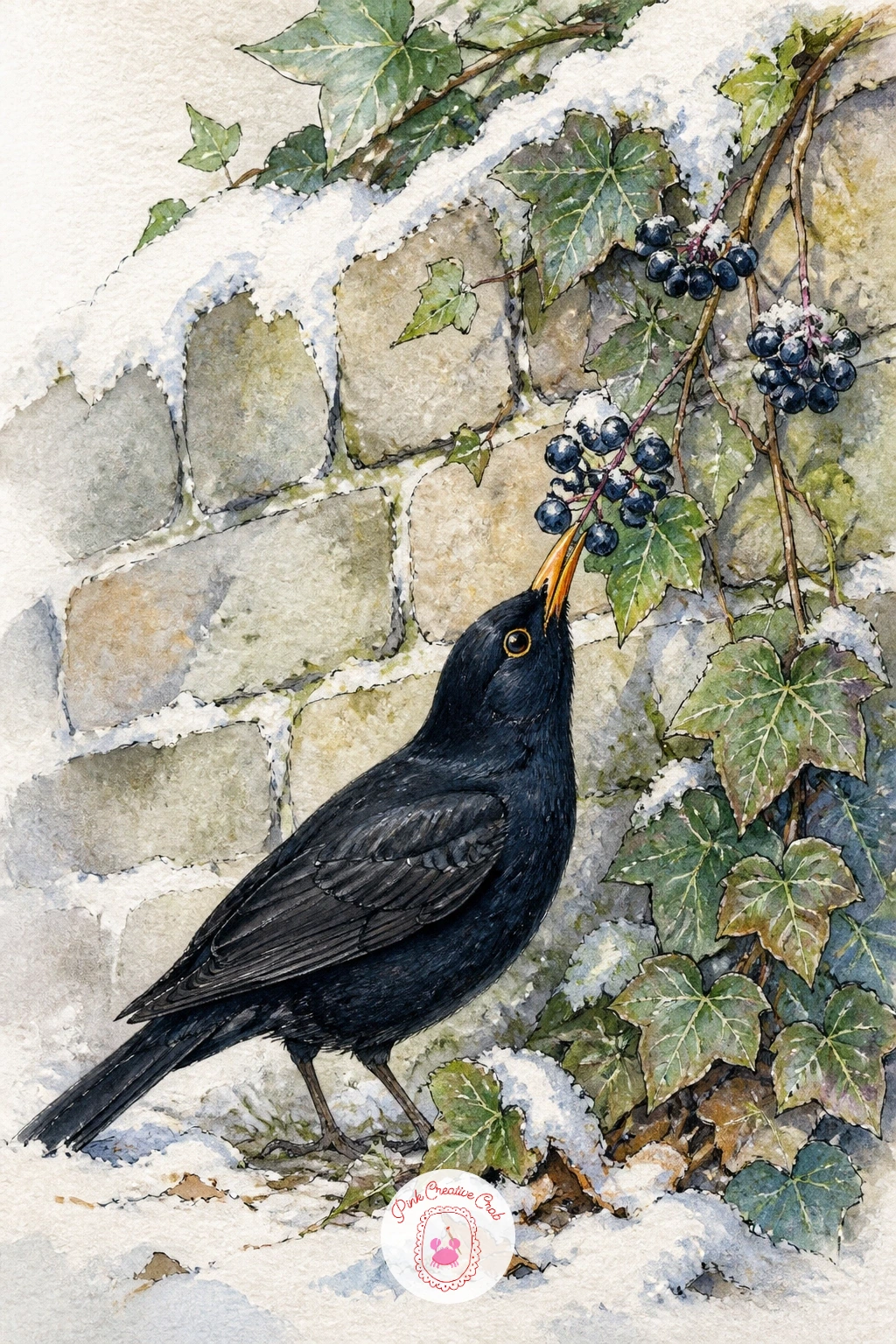 Blackbird Eating Ivy Berries On A Wall — A blackbird picking at ivy berries along the top of a snowy stone wall brings together a strongly colored bird, dark
