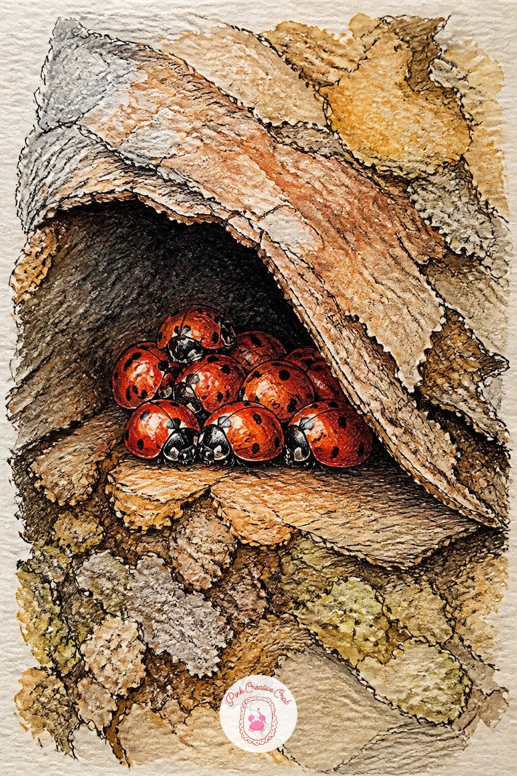 Ladybirds Hibernating Under Loose Bark — A cluster of ladybirds packed together under a curl of loose bark is a good small subject for practicing a repeated