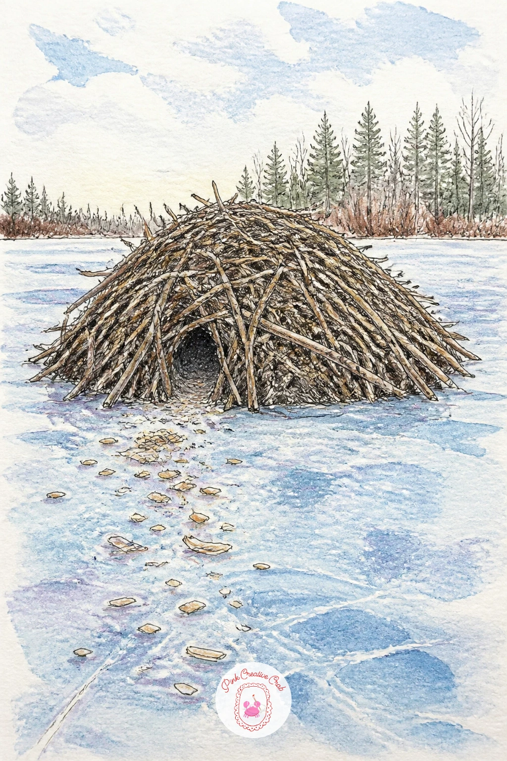 Beaver Lodge On A Frozen Pond — A beaver lodge rising from the middle of a frozen pond, with a trail of gnawed wood chips scattered near its base, makes a good