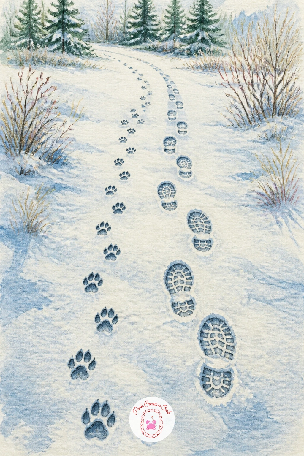Dog And Boot Prints Side By Side — A simple trail of dog paw prints walking alongside boot prints in fresh snow captures a shared winter walk without showing