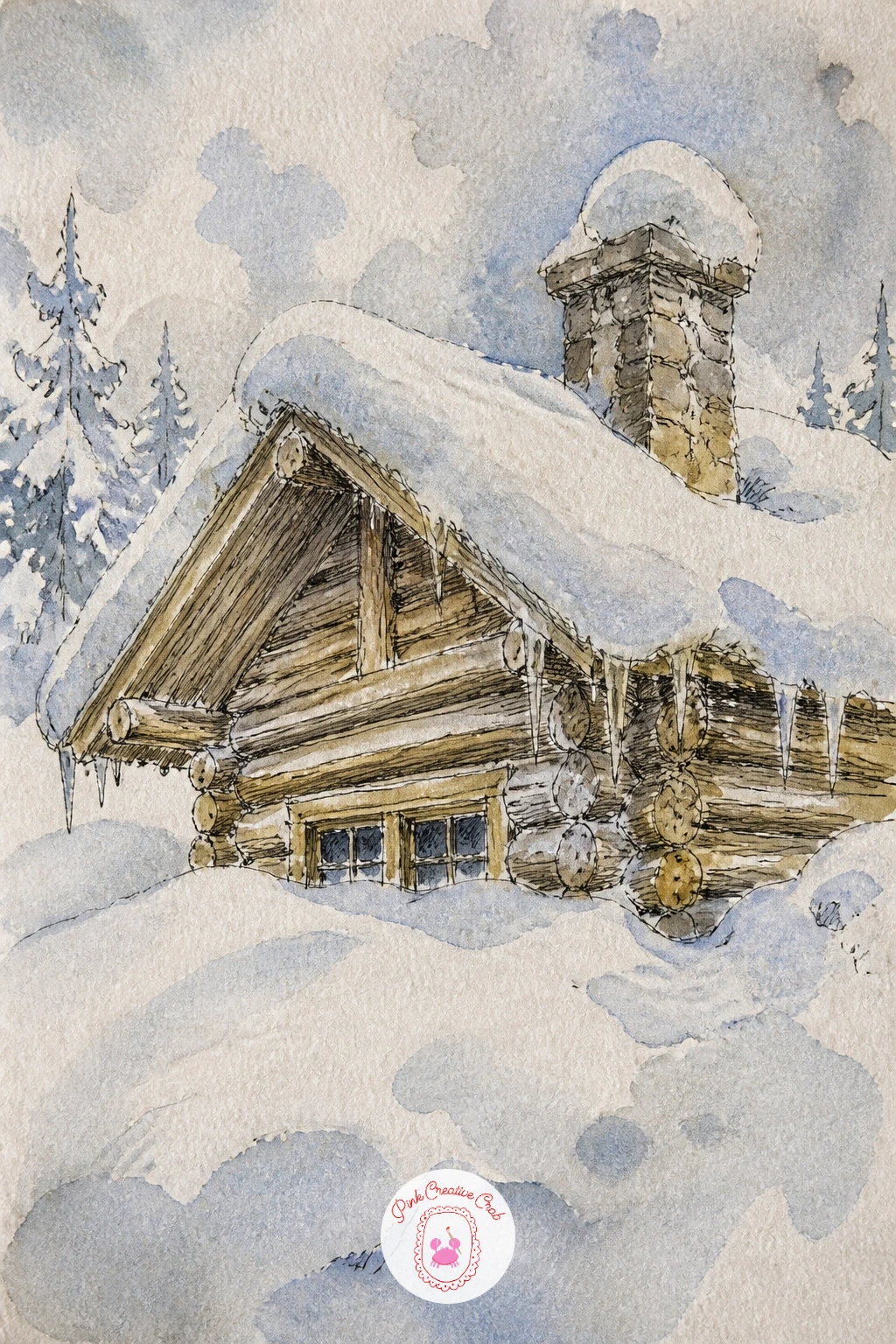 Snowed-In Log Cabin — Start with the log cabin, the subject that teaches you the whole vocabulary of this list in one go. Cabin drawing
