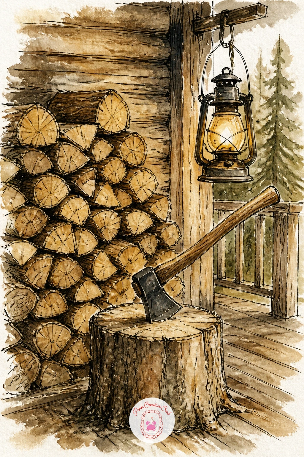 Woodpile Porch With Axe and Lantern — Give the eye something to do before it reaches the cabin itself with a woodpile porch, where the real subject is the