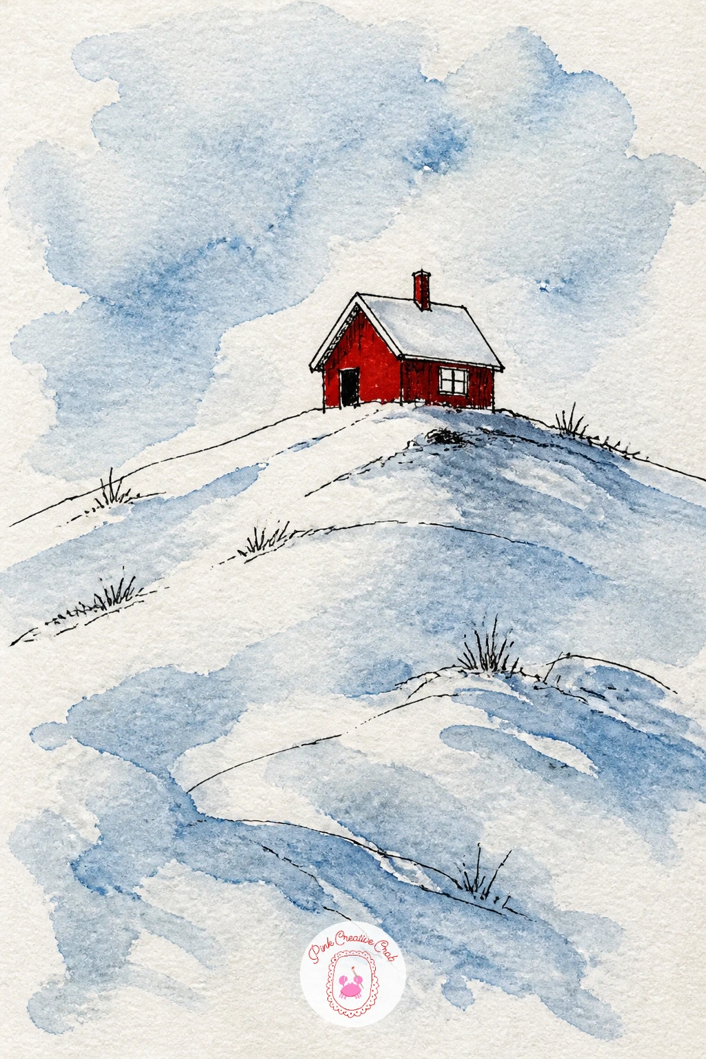 Tiny Red Hut on a Snowy Hill — Scale right down after the last close-up with a tiny red hut on a hill, drawn small and solitary on an otherwise mostly empty