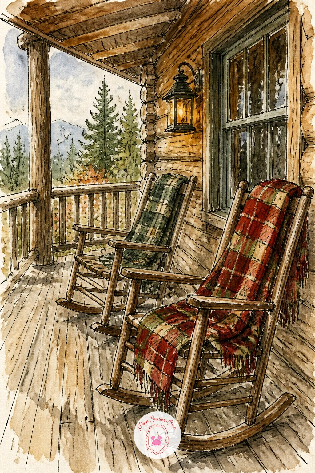 Cabin Porch With Rocking Chairs — Bring two rocking chairs onto a cabin porch under wool blankets, a scene that asks you to draw furniture with the same loose