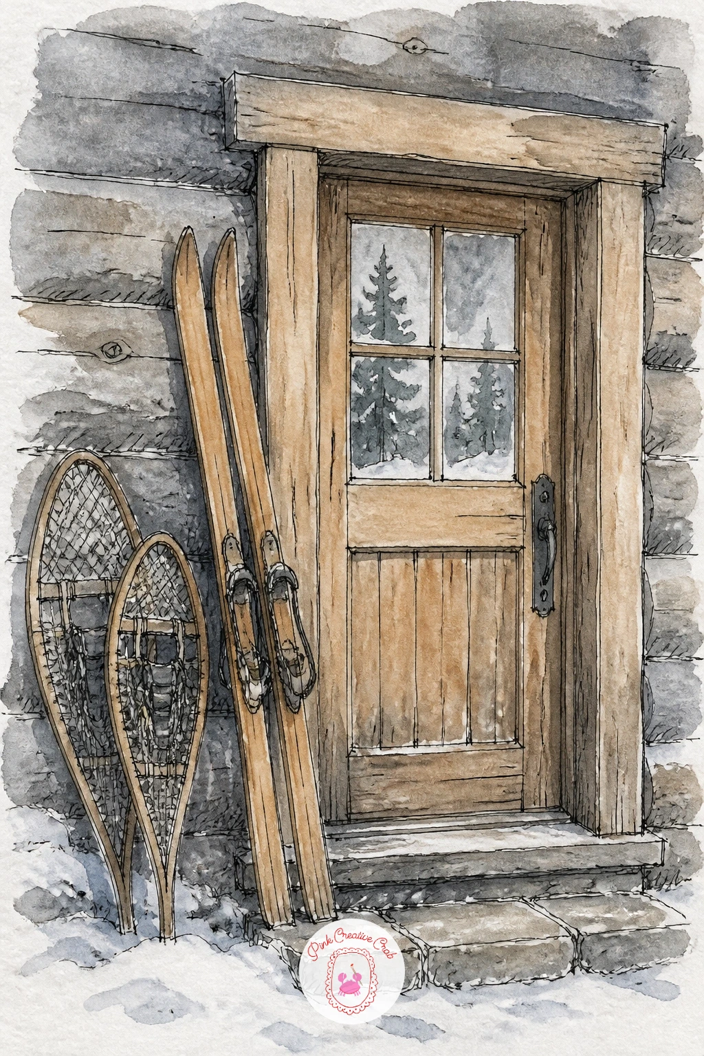 Cabin With Skis and Snowshoes by the Door — Add a story to a cabin door with skis and snowshoes leaning against it, the kind of detail that tells the viewer
