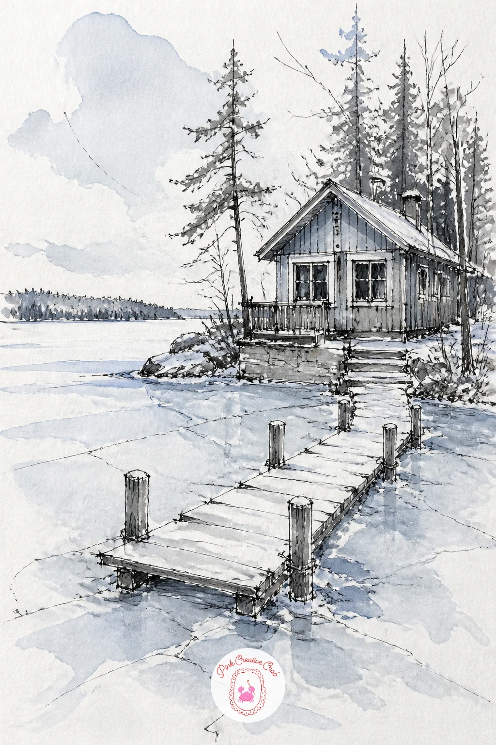 Lakeside Cabin With Frozen Dock — Carry the cabin down to the water's edge with a lakeside view, the dock frozen solid into the ice rather than floating. Cabin