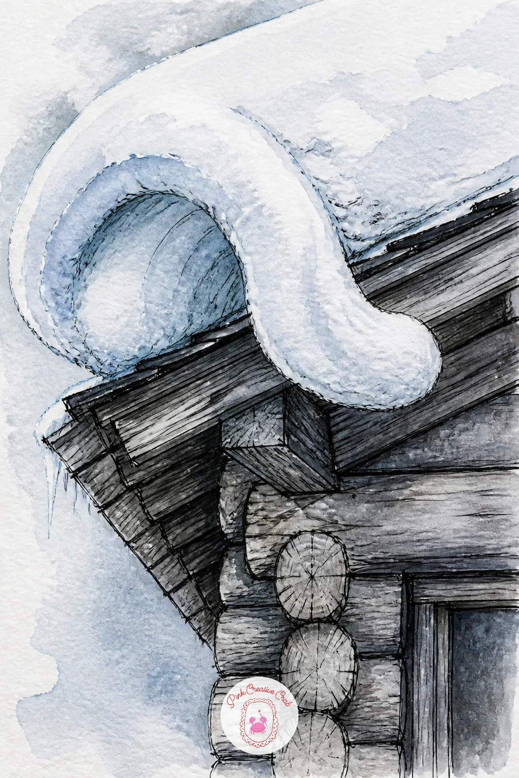 Cabin Roof With Curled Snow Eaves — Zoom into just the roofline for this one, where a thick curl of snow hangs over the eaves like a wave about to break. Cabin