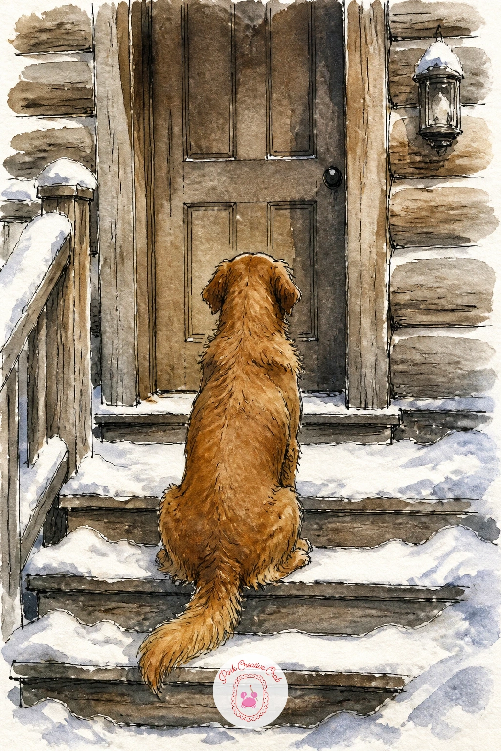 Dog Waiting on Cabin Steps — Put a dog on the cabin steps, sitting patiently and facing the door rather than the viewer, which does more to warm up a scene