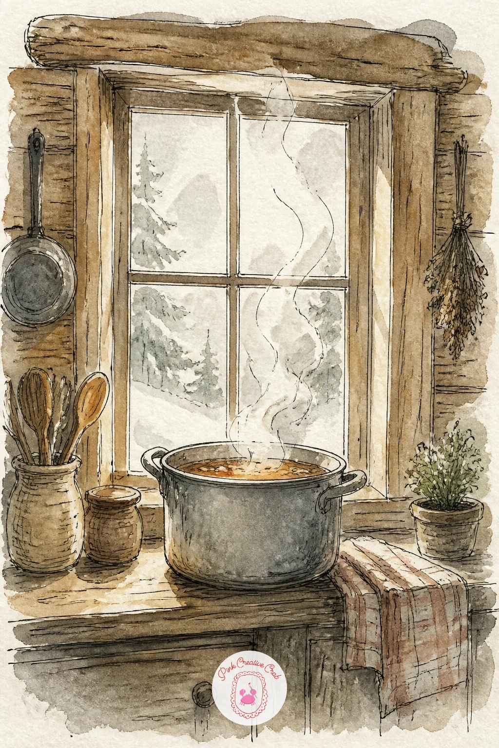Cabin Kitchen Window With Steaming Soup Pot — Return to a window, this time a kitchen one, with a pot of soup steaming gently on the sill. Cabin drawing