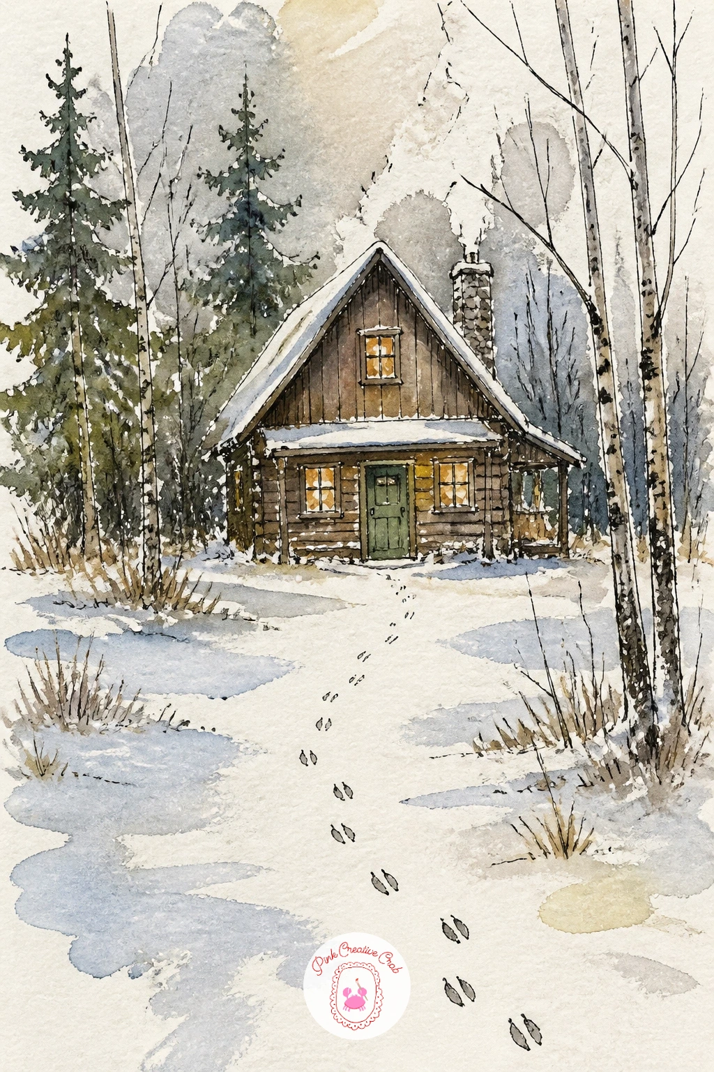 Cabin in a Forest Clearing With Deer Tracks — Give the cabin a visitor without drawing the animal itself, using a trail of deer tracks leading through the snow