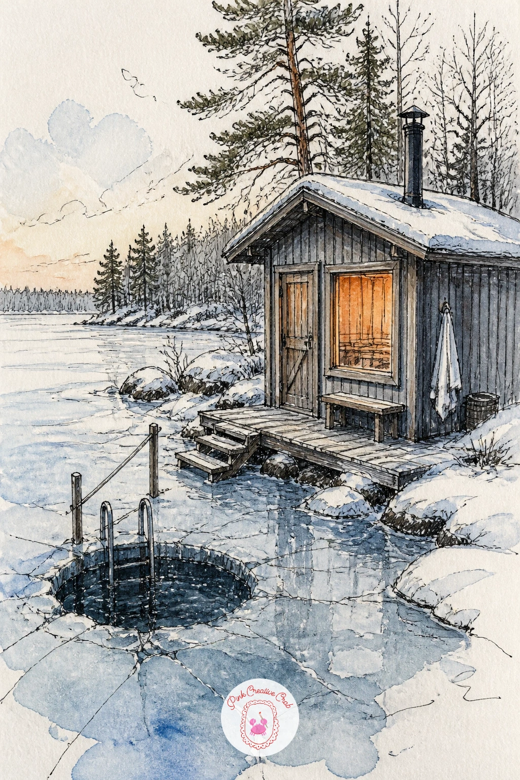 Sauna Cabin by a Frozen Lake — Move to a sauna cabin with a hole cut in the ice beside it, a scene built around steam and contrast between hot and cold. Cabin