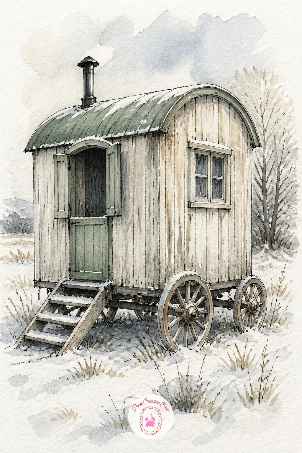 Shepherd's Hut on Wheels in a Snowy Meadow — Try a shepherd's hut next, the small wheeled cabin shape that is really a rectangle with a gently curved roof