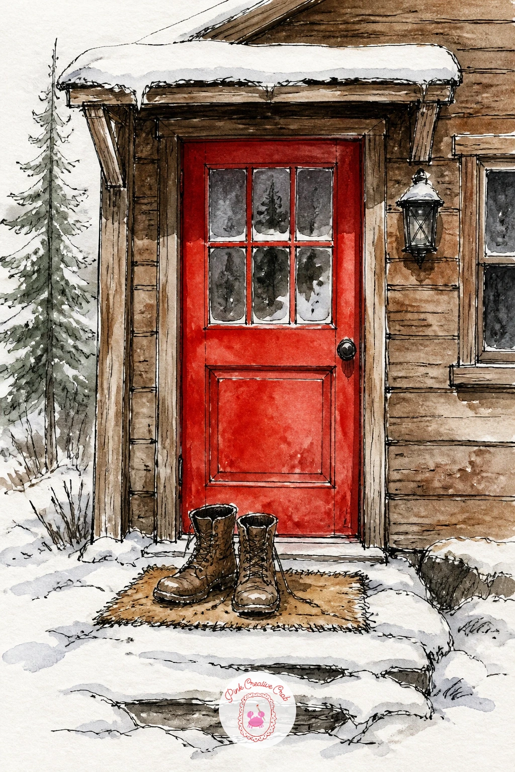 Cabin With Red Door and Boots on the Mat — Zoom close on an entry this time, a single red door with a pair of boots left on the mat outside. Cabin drawing