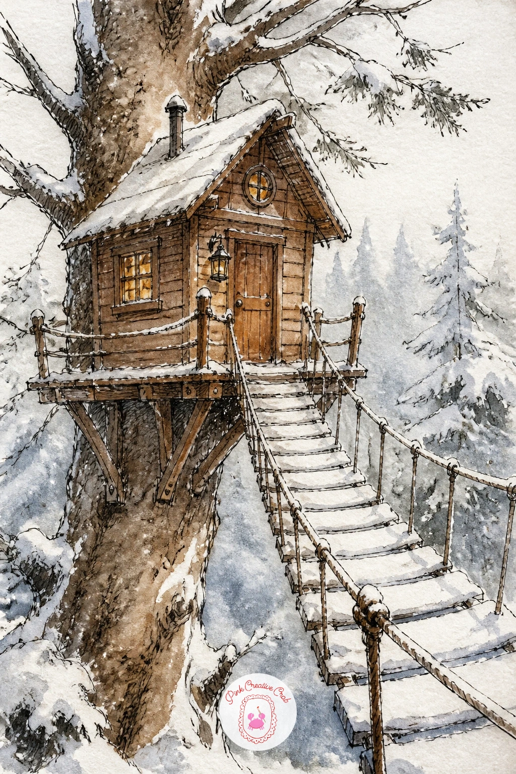 Treehouse Cabin With Rope Bridge — Lift the cabin off the ground entirely for a treehouse version, connected by a rope bridge dusted with snow. Cabin drawing