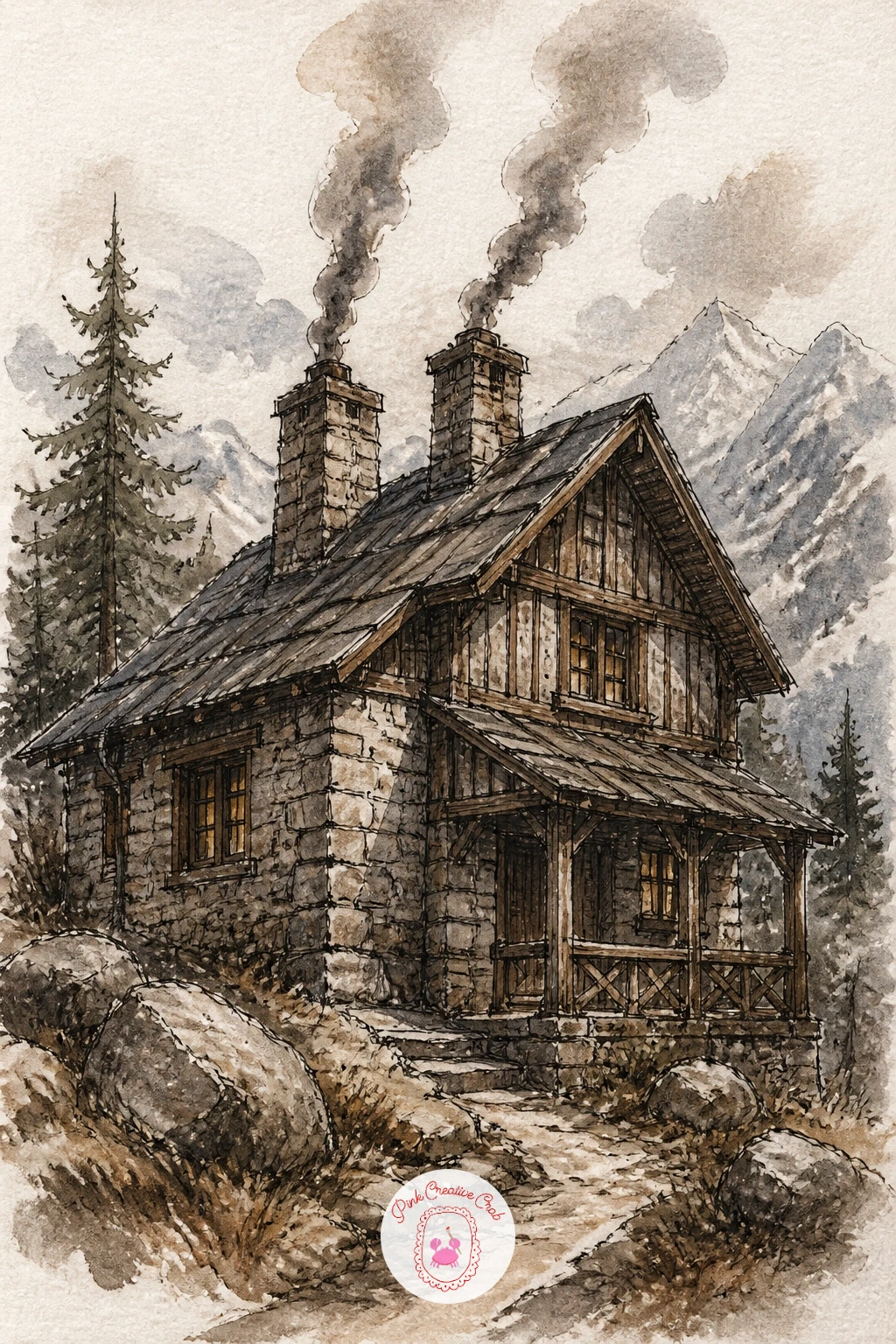 Stone and Timber Cabin With Two Chimneys — Build up the materials a little more with a stone and timber cabin, two chimneys sending up parallel threads of