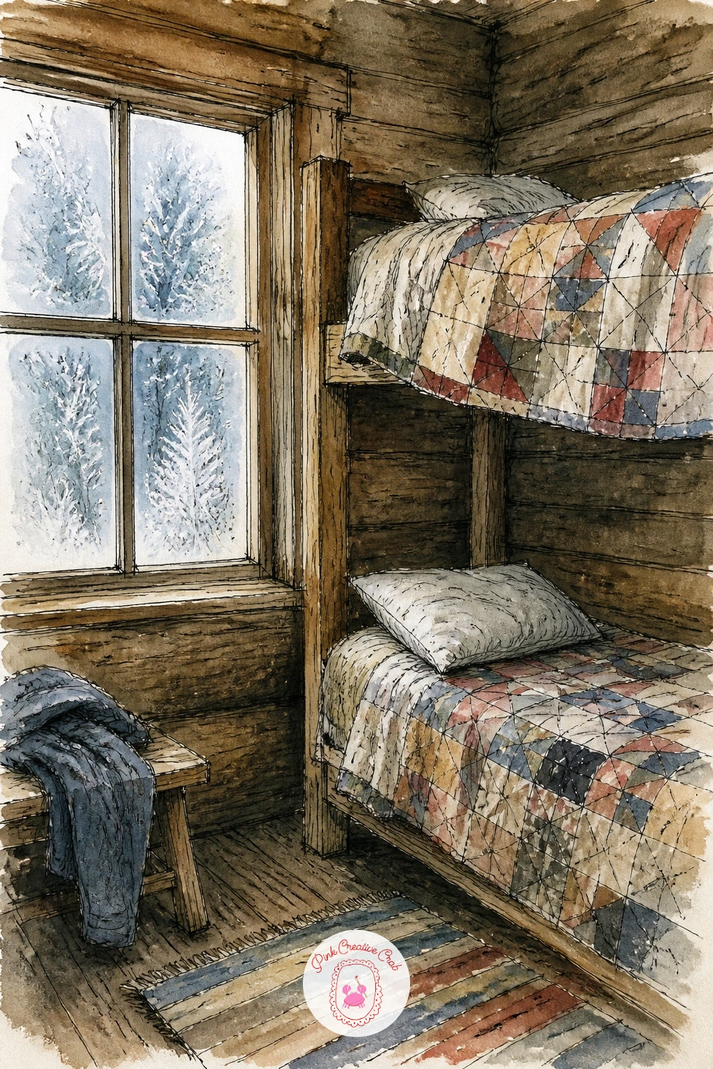 Cabin Bunk Room With Frosty Windows — Step inside for this one, a bunk room with patchwork quilts and frost patterns creeping across the windows. Cabin drawing