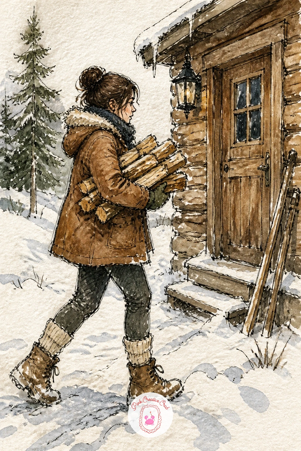 Woman Carrying Firewood to a Cabin — Bring a figure into the snow with a woman carrying an armful of firewood toward the cabin door, caught mid-step rather