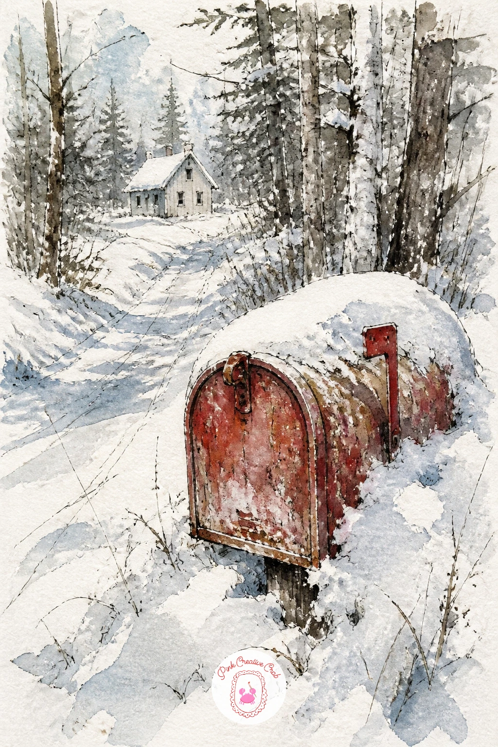 Cabin Mailbox Buried in Snow — Narrow right down again with a lonely mailbox half buried in snow at the end of a forest lane, the cabin itself barely glimpsed