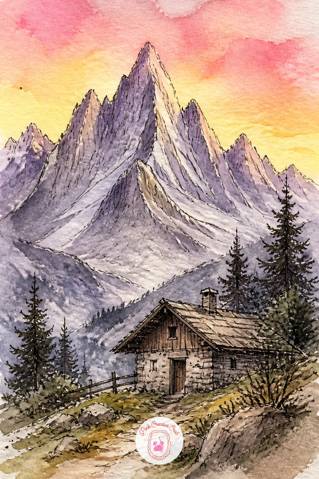 Cabin at the Foot of a Mountain in Sunrise Light — Widen the view for a cabin at the foot of a mountain, catching the very first light of sunrise across the