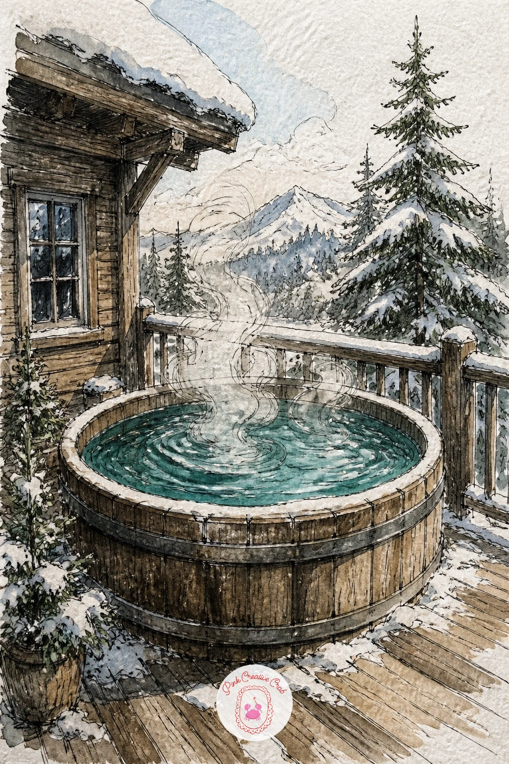 Cabin Hot Tub Steaming on a Snowy Deck — Put some steam to work again with a hot tub on a snowy deck, bubbling away right outside the cabin door. Cabin drawing