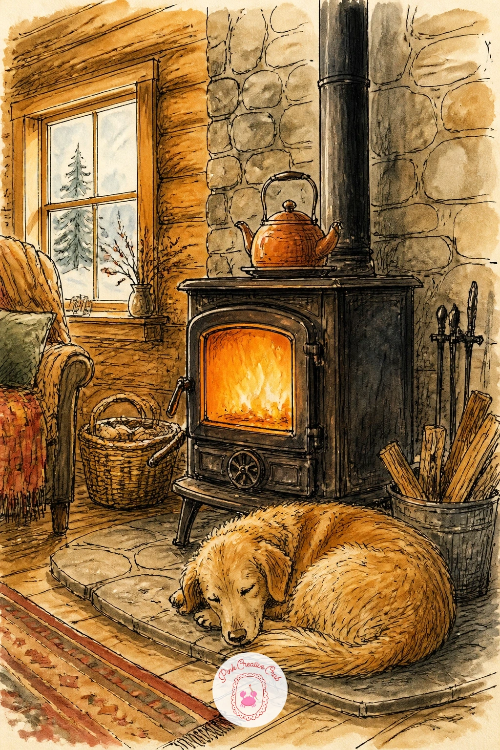 Cozy Cabin Interior With Wood Stove — Come back inside for a cozy interior built around a wood stove with a dog asleep in front of it. Cabin drawing