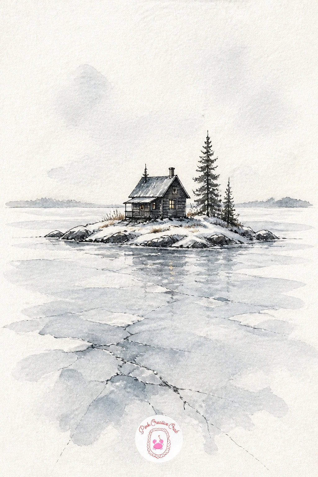 Cabin Alone on a Frozen Lake Island — Isolate the cabin completely now, alone on a tiny island in the middle of a frozen lake, surrounded by nothing but white