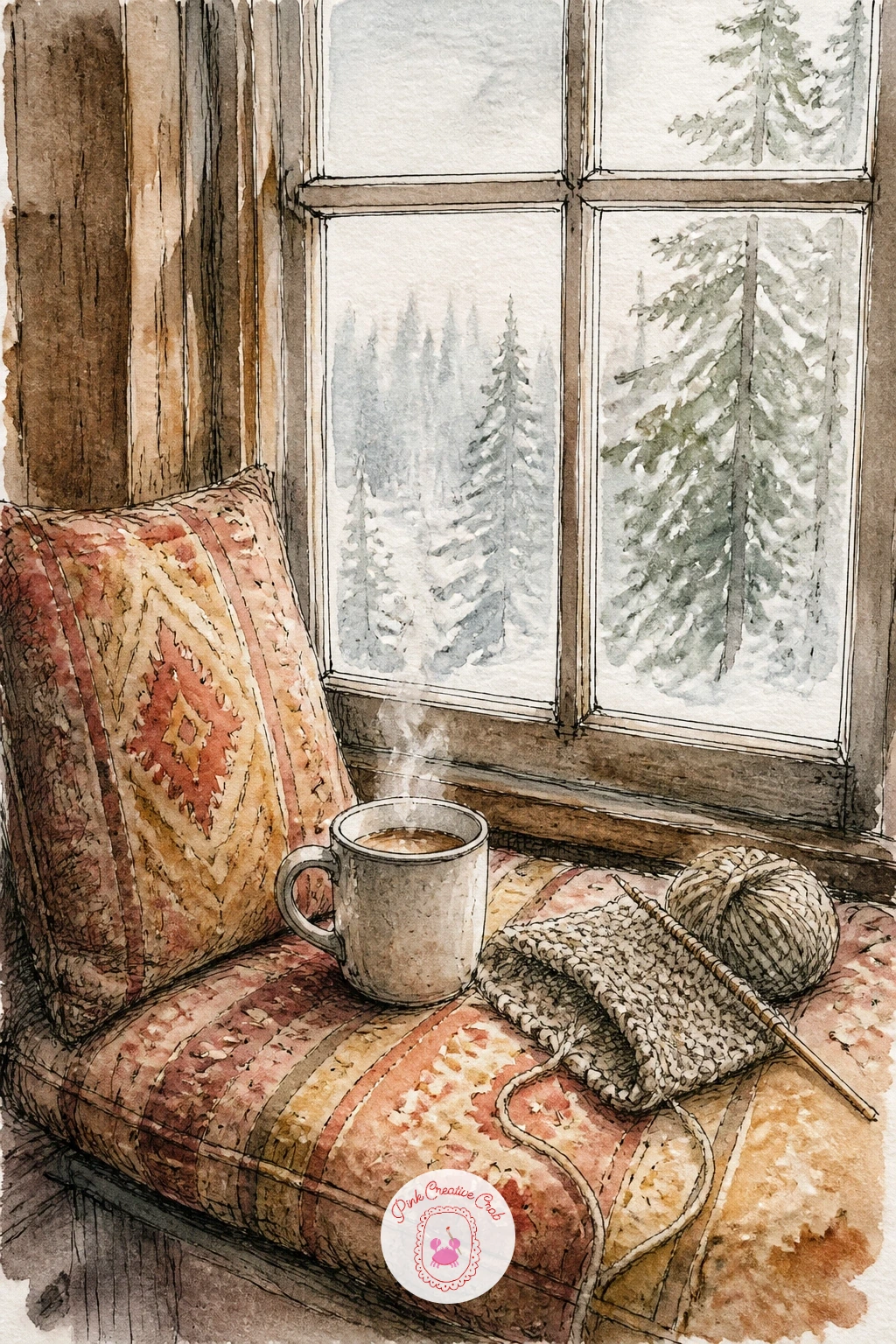 Cabin Window Seat With Mug and Knitting — Settle into a window seat next, a mug and a half-finished bit of knitting left mid-stitch on the cushion. Cabin