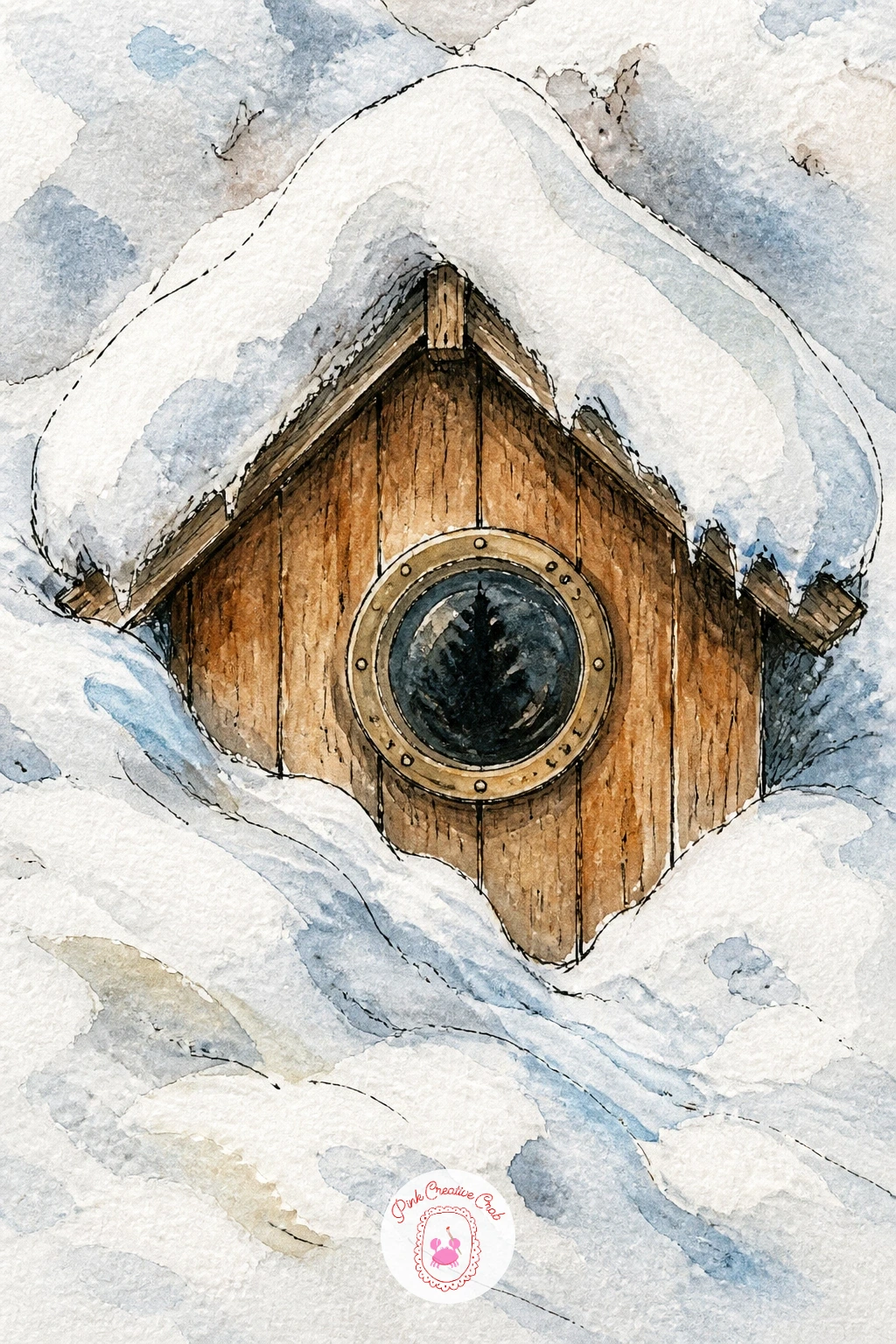 Tiny Cabin With a Round Porthole Window — Try a tiny cabin with a round porthole window instead of a square one, peeking out from deep snowdrifts almost up to