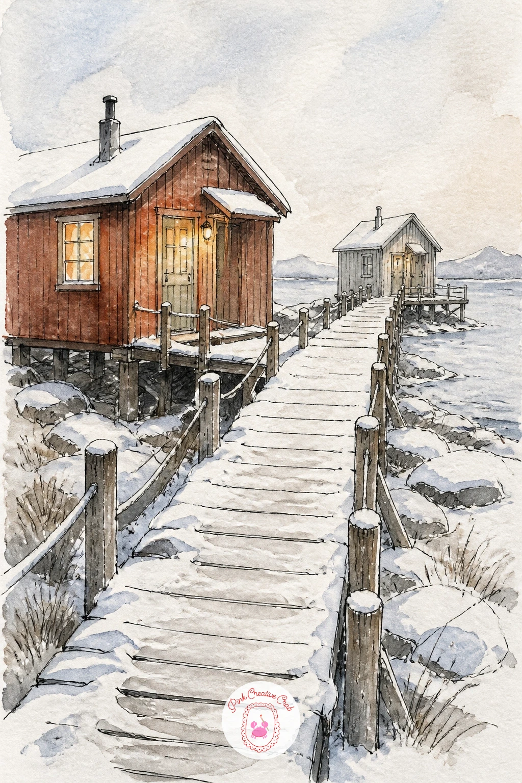 Pair of Cabins Linked by a Snowy Boardwalk — Connect two small cabins with a snowy boardwalk running between them, a composition that asks you to balance two