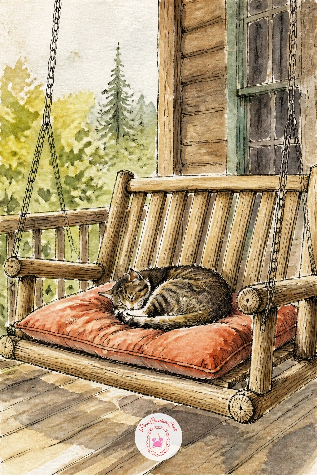 Cabin Porch Swing With Cat on a Cushion — Bring a cat onto a porch swing this time, curled on a cushion and barely moving in the cold. Cabin drawing