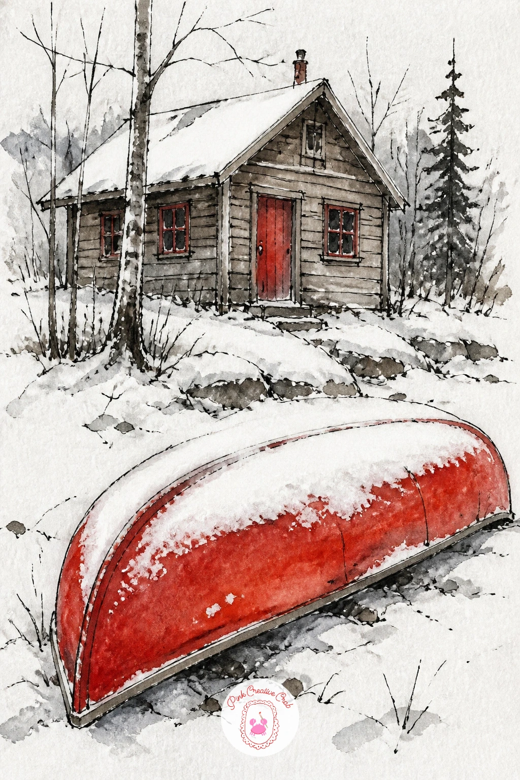 Cabin With Red Canoe Upside Down Under Snow — Finish near the water again with a cabin in the background and a red canoe flipped upside down in the foreground