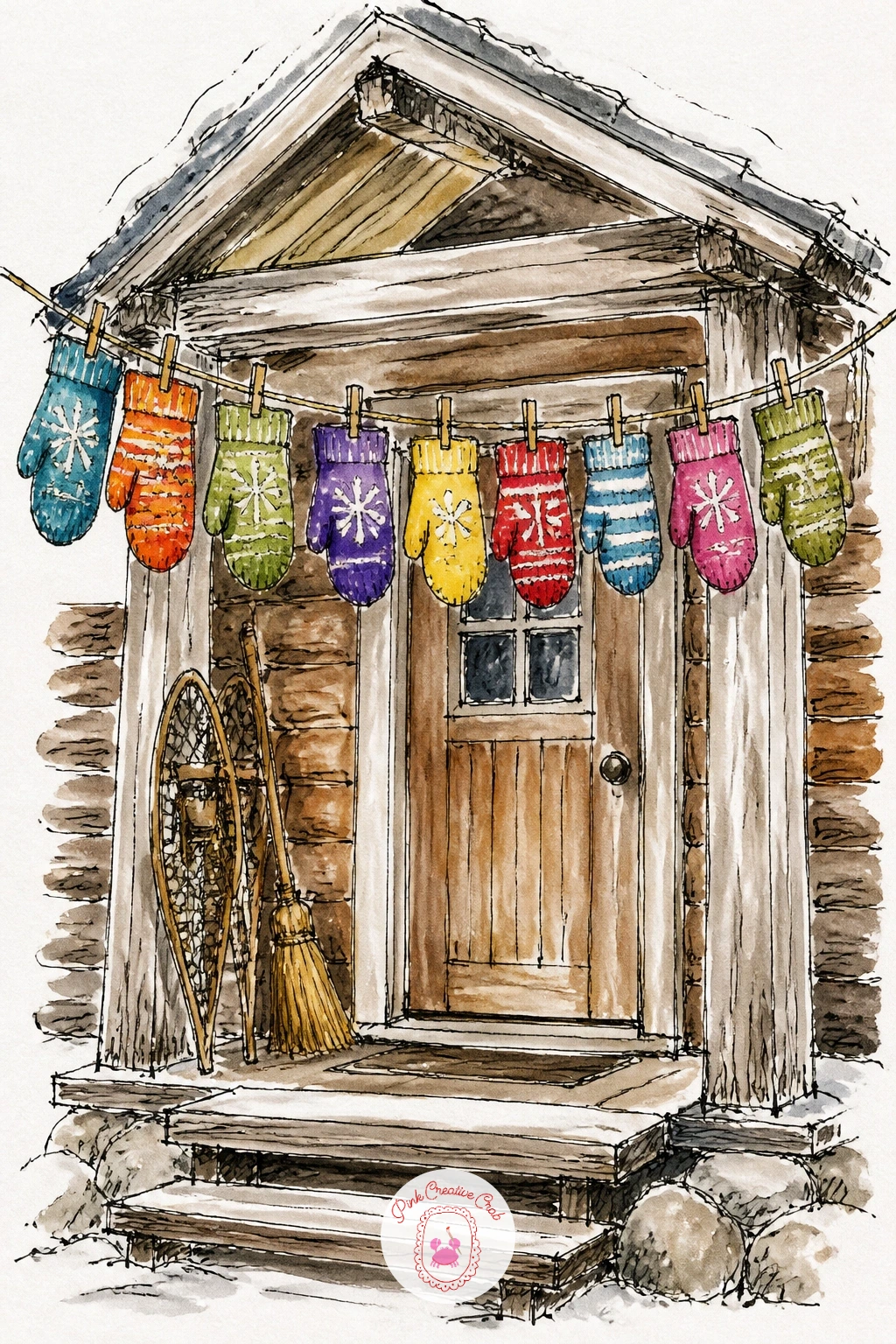 Cabin Entry With Mittens Drying on a String — Close the list with a small, homely detail: a string line of mittens drying outside a cabin entry. Cabin drawing