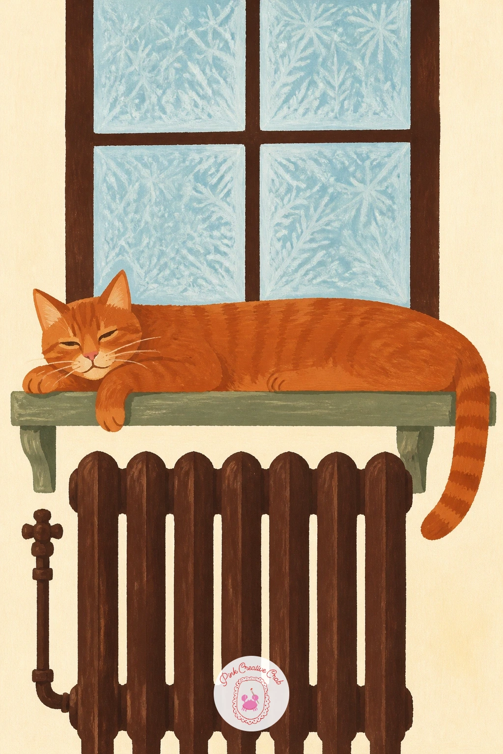 Ginger Cat on a Radiator Shelf — Start with the simplest scene on the list: a ginger cat stretched flat along a radiator shelf below a frosty window. Cat