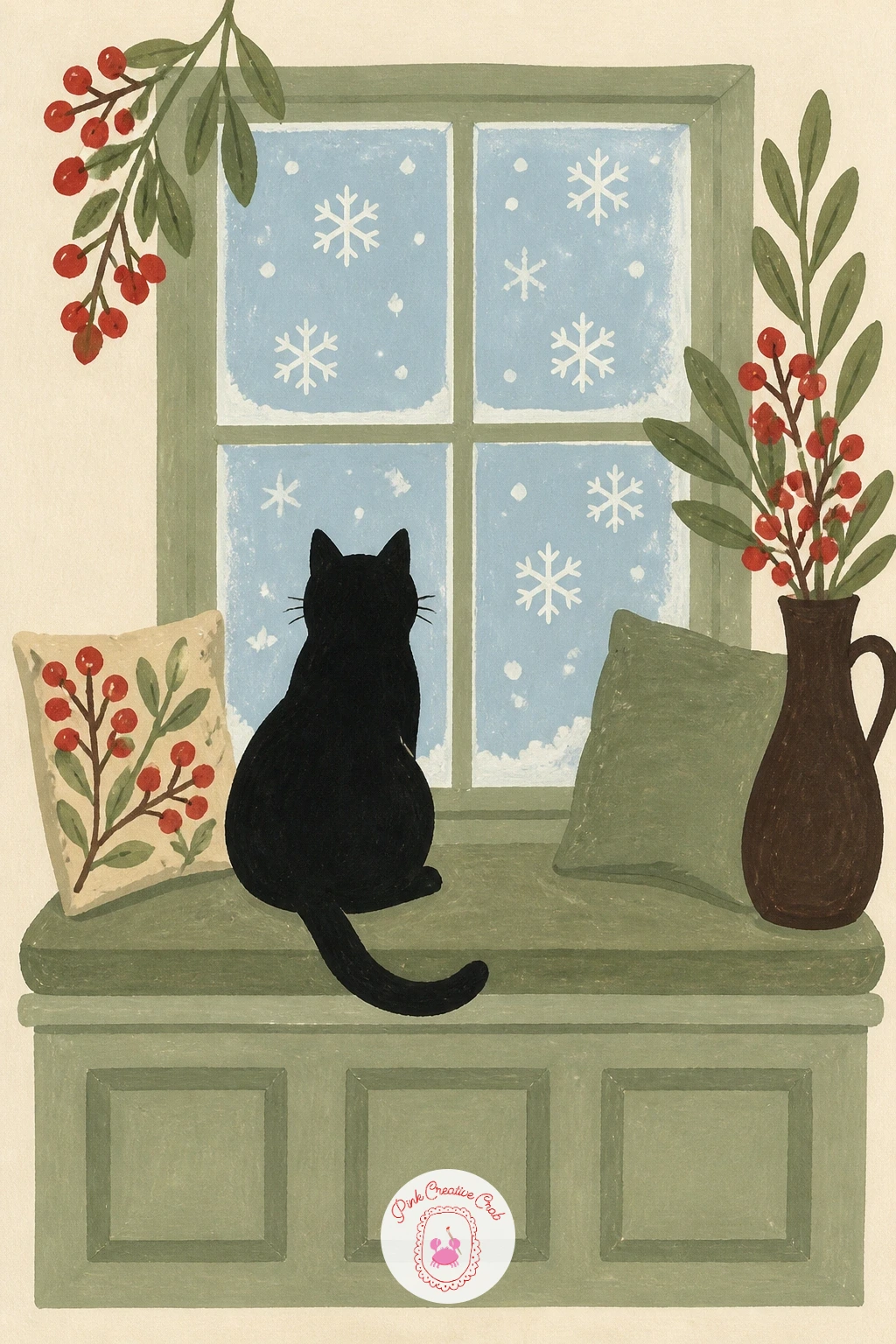 Black Cat Watching Snowflakes — Move next to a black cat sitting upright in a window seat, watching snow fall outside. Cat illustration