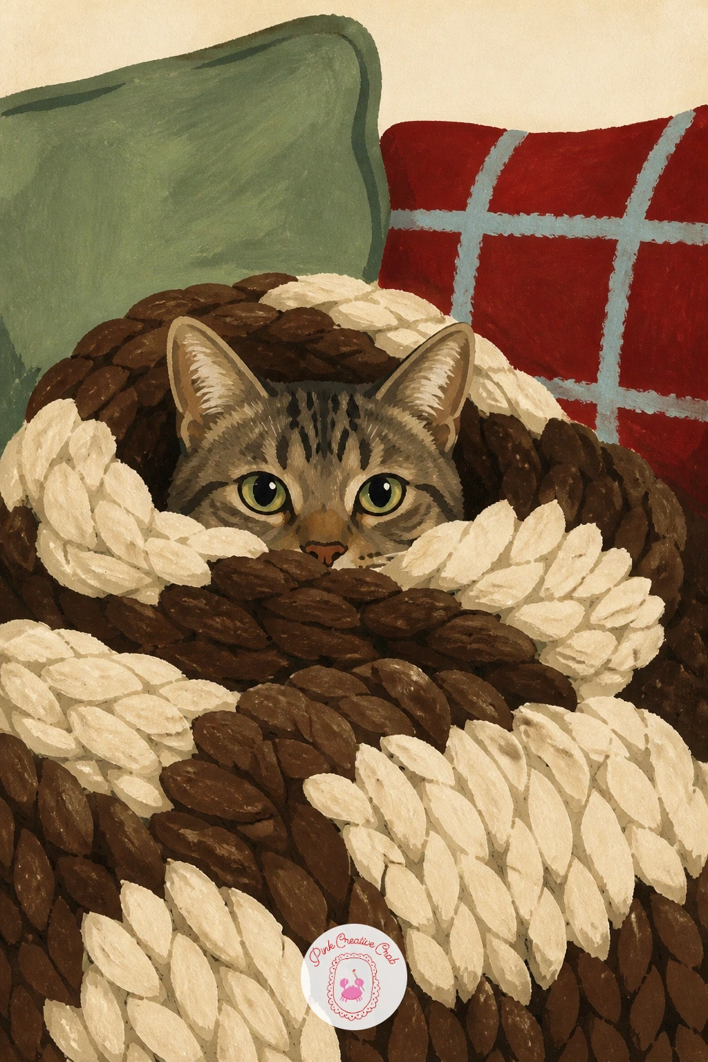 Tabby Cat in a Chunky Knit Blanket — After two sitting poses, try a tabby cat almost swallowed by a chunky knit blanket on the sofa. Cat illustration