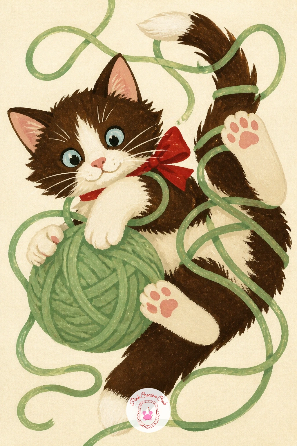 Kitten Tangled in Yarn — Bring in some motion with a kitten caught mid tumble in a ball of sage green yarn. Cat illustration