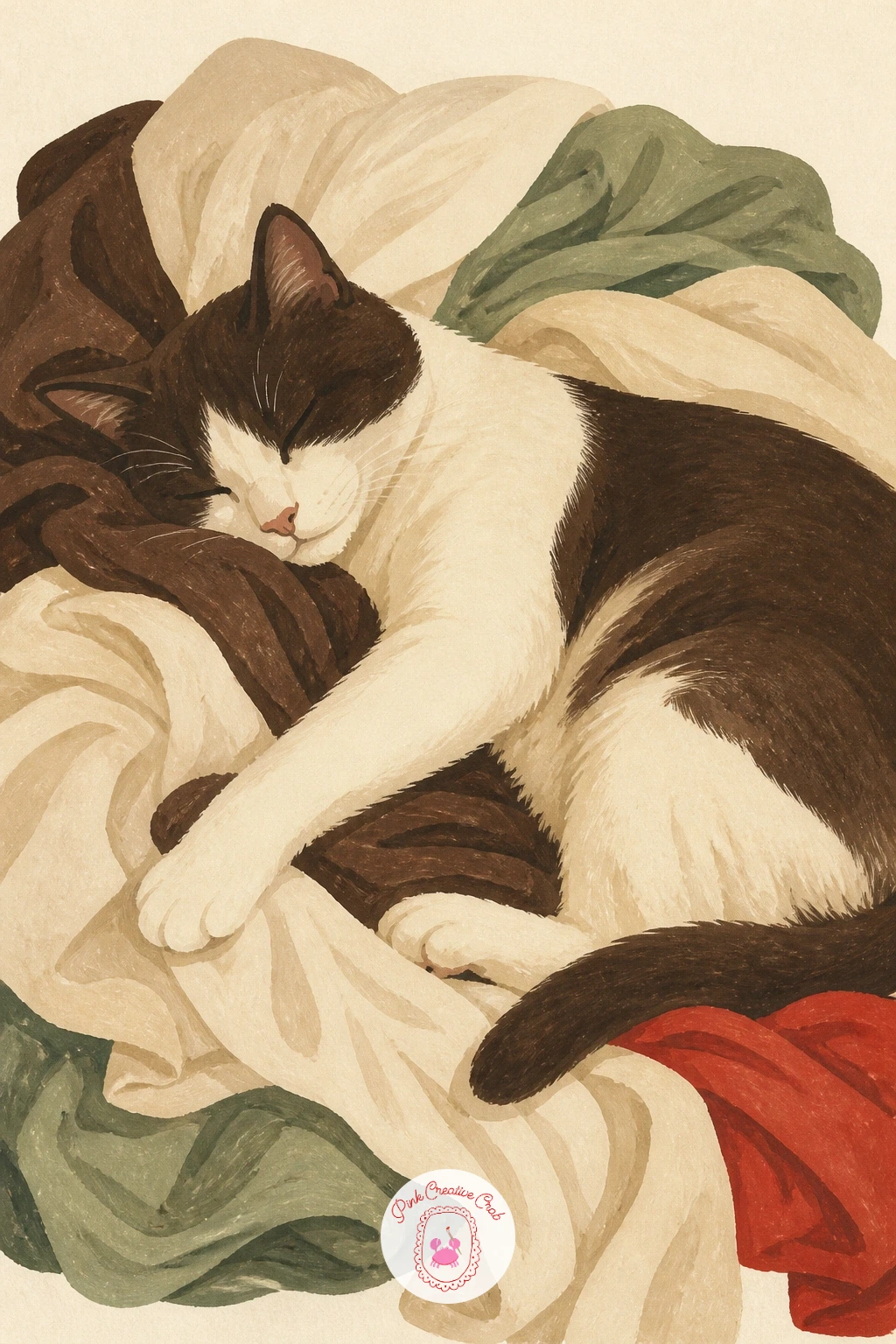 Cat Asleep on Warm Laundry — Settle things down again with a cat flattened out asleep on a pile of warm laundry fresh from the dryer. Cat illustration
