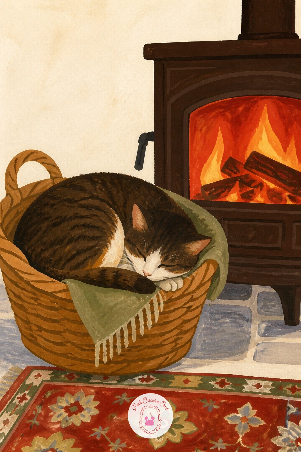 Cat Curled in a Wicker Basket by the Woodstove — Give the woodstove its own small scene with a cat curled tight in a wicker basket nearby. Cat illustration
