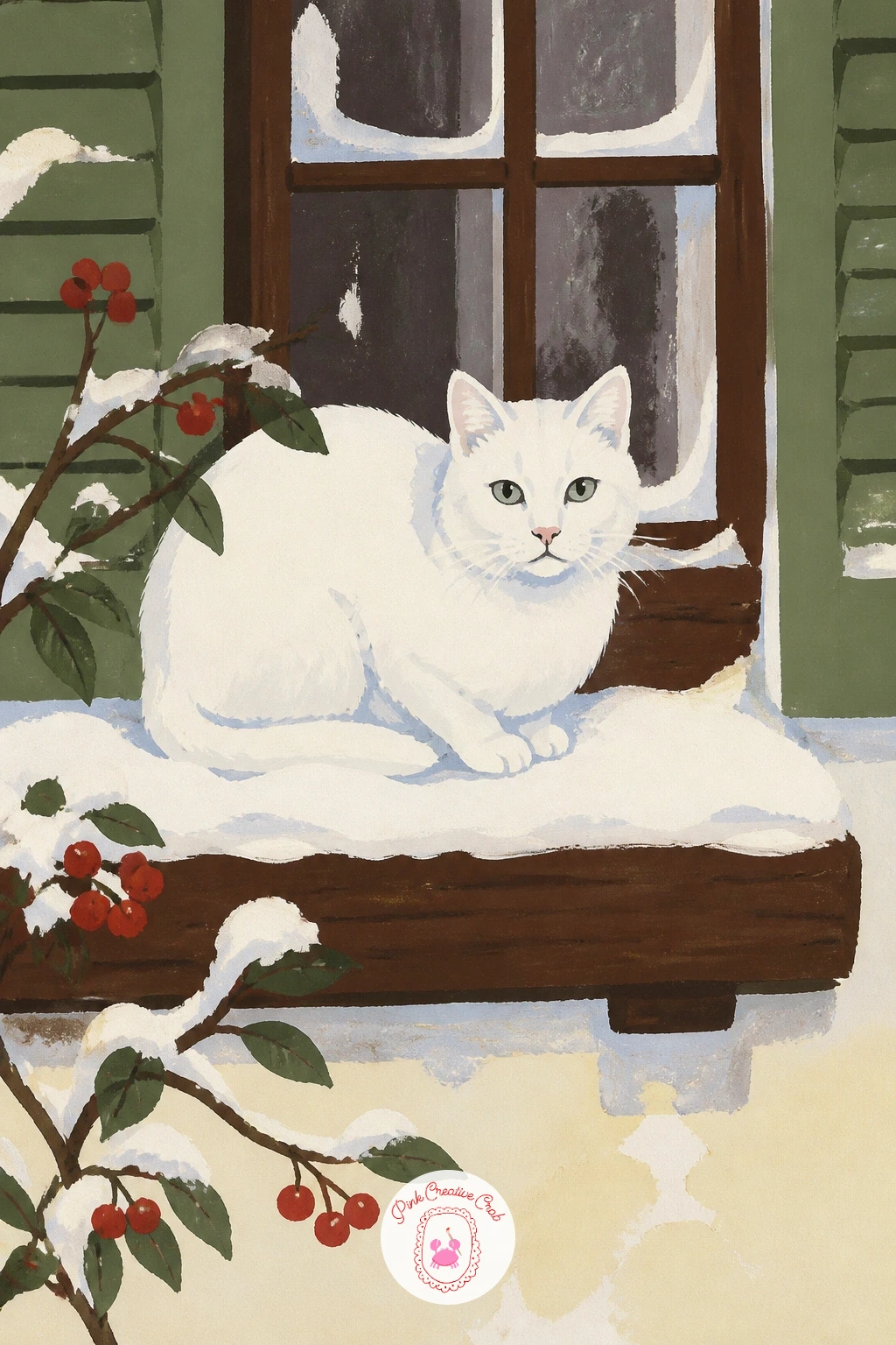 White Cat on a Snowy Windowsill Outside — Step outside the house for this one: a white cat almost lost against snow on an outdoor windowsill. Cat illustration