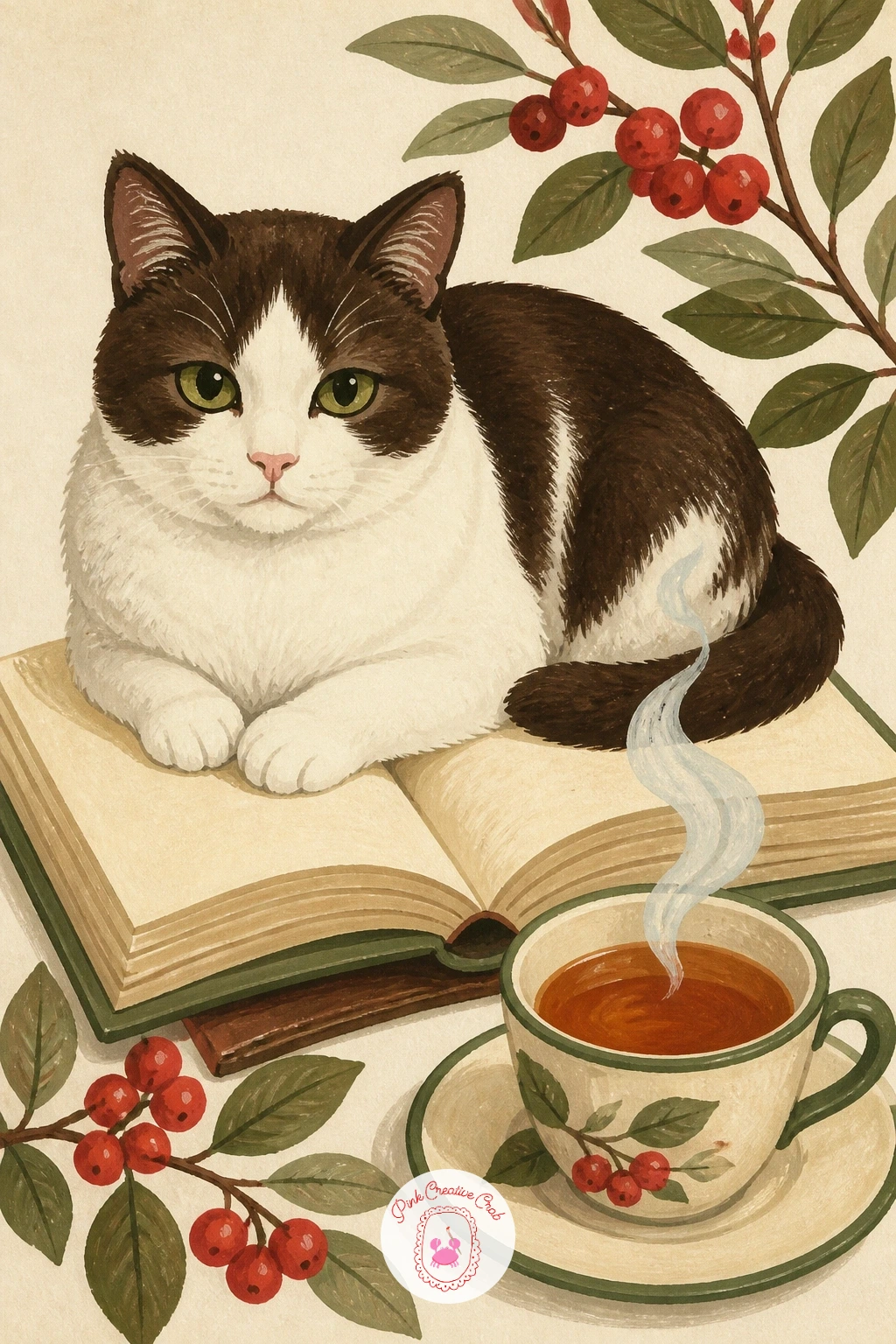 Cat on an Open Book Beside Tea — Bring some stillness to the page with a cat seated squarely on an open book beside a steaming cup of tea. Cat illustration