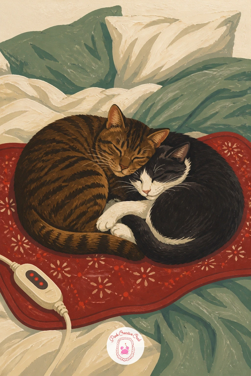 Two Cats Sharing a Heated Blanket — Add a second cat into one scene for the first time: two cats sharing a heated blanket on an unmade bed. Cat illustration