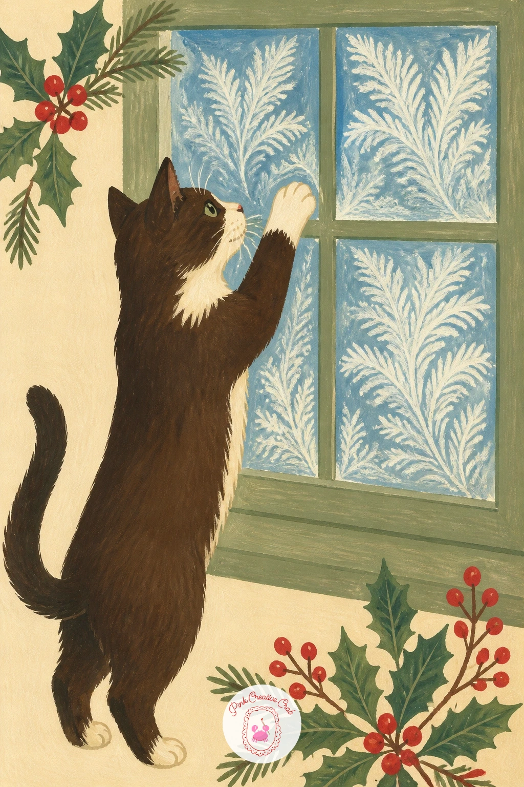 Cat Pawing at Frost Patterns — Return to the window for a cat up on its hind legs, pawing at frost patterns on the glass. Cat illustration