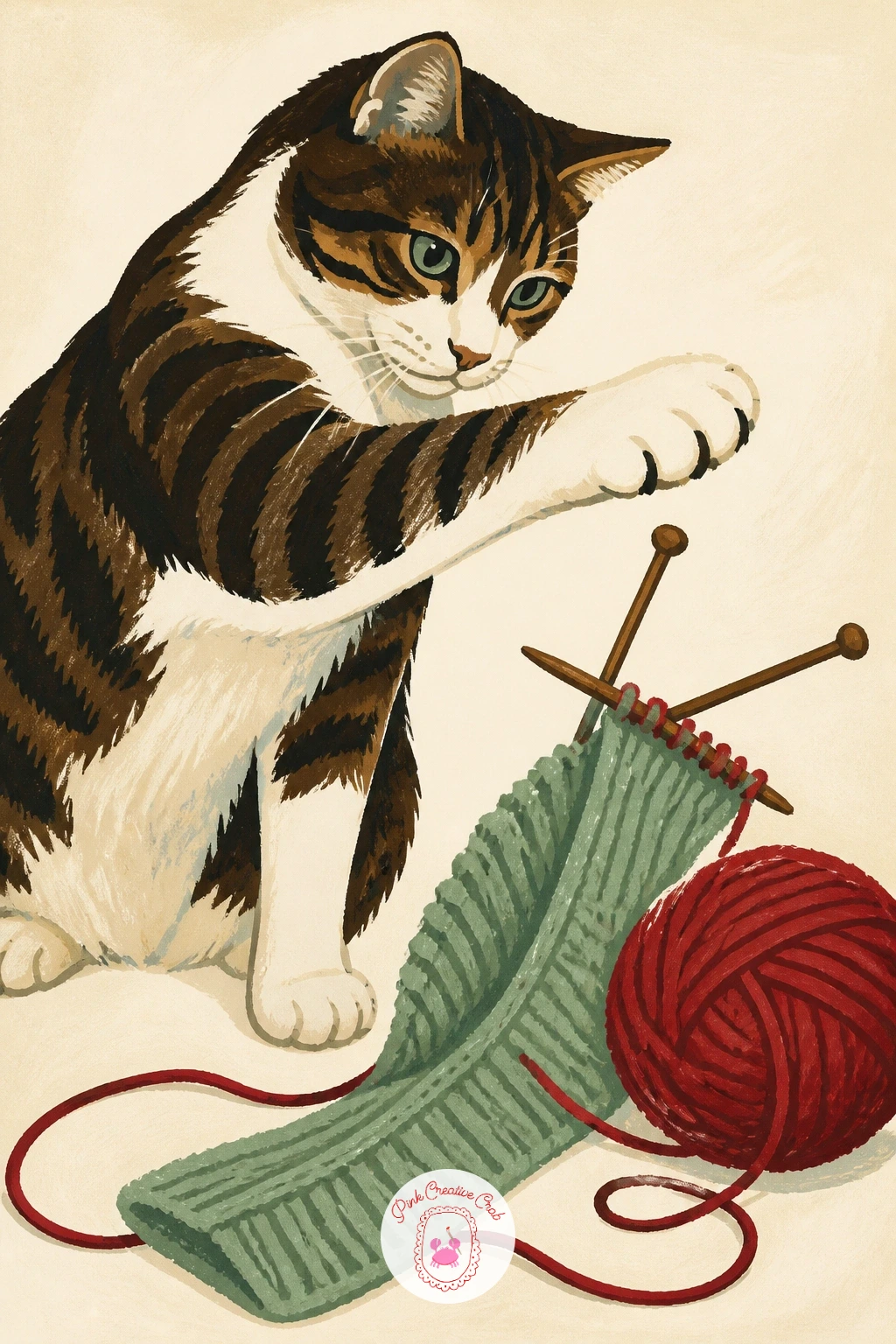 Cat Batting at a Knitting Needle — Keep the energy going with a cat batting at a knitting needle while someone knits nearby. Cat illustration