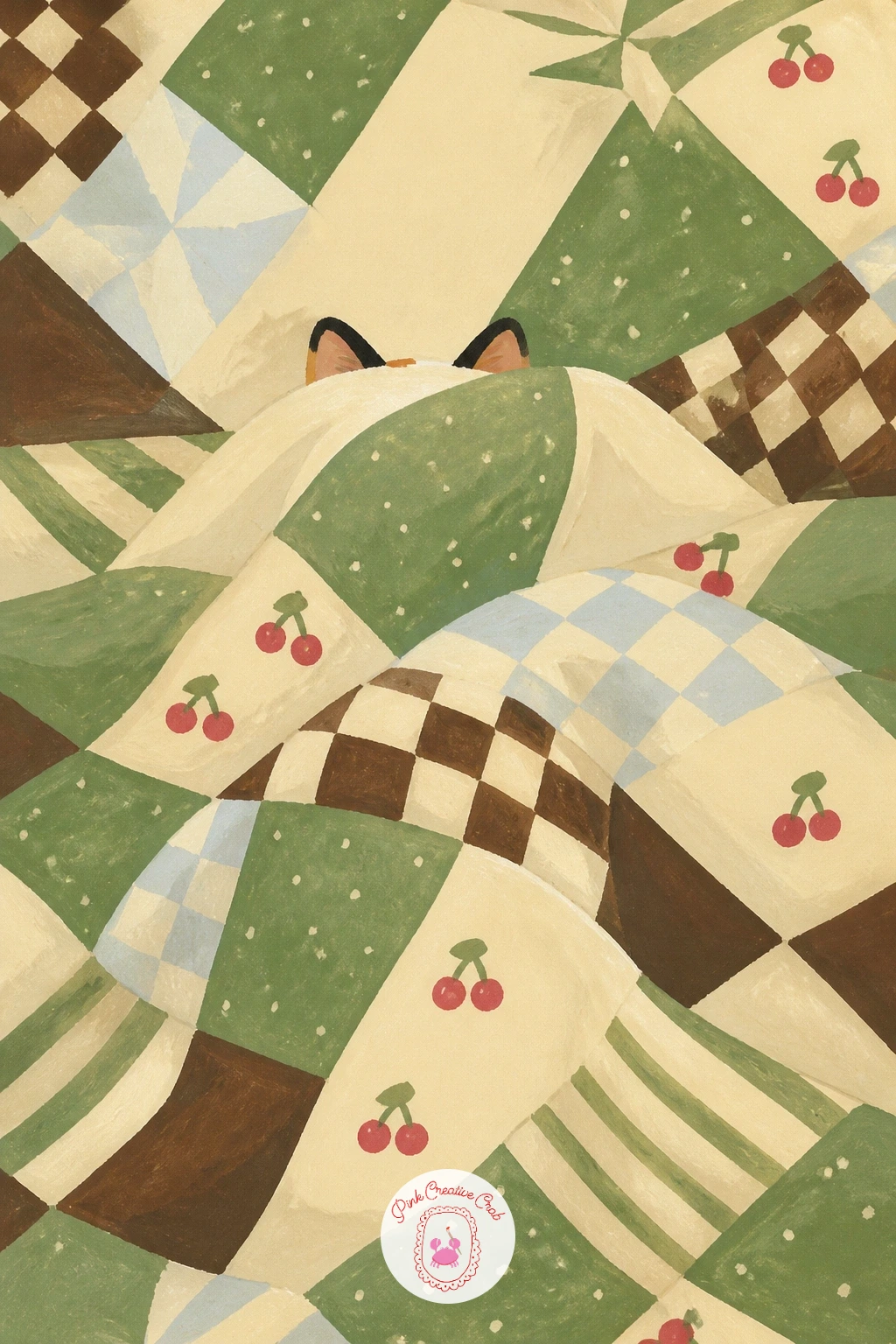 Calico Cat Under a Quilt — Hide most of the subject this time: a calico cat asleep under a quilt with only its ears poking out. Cat illustration
