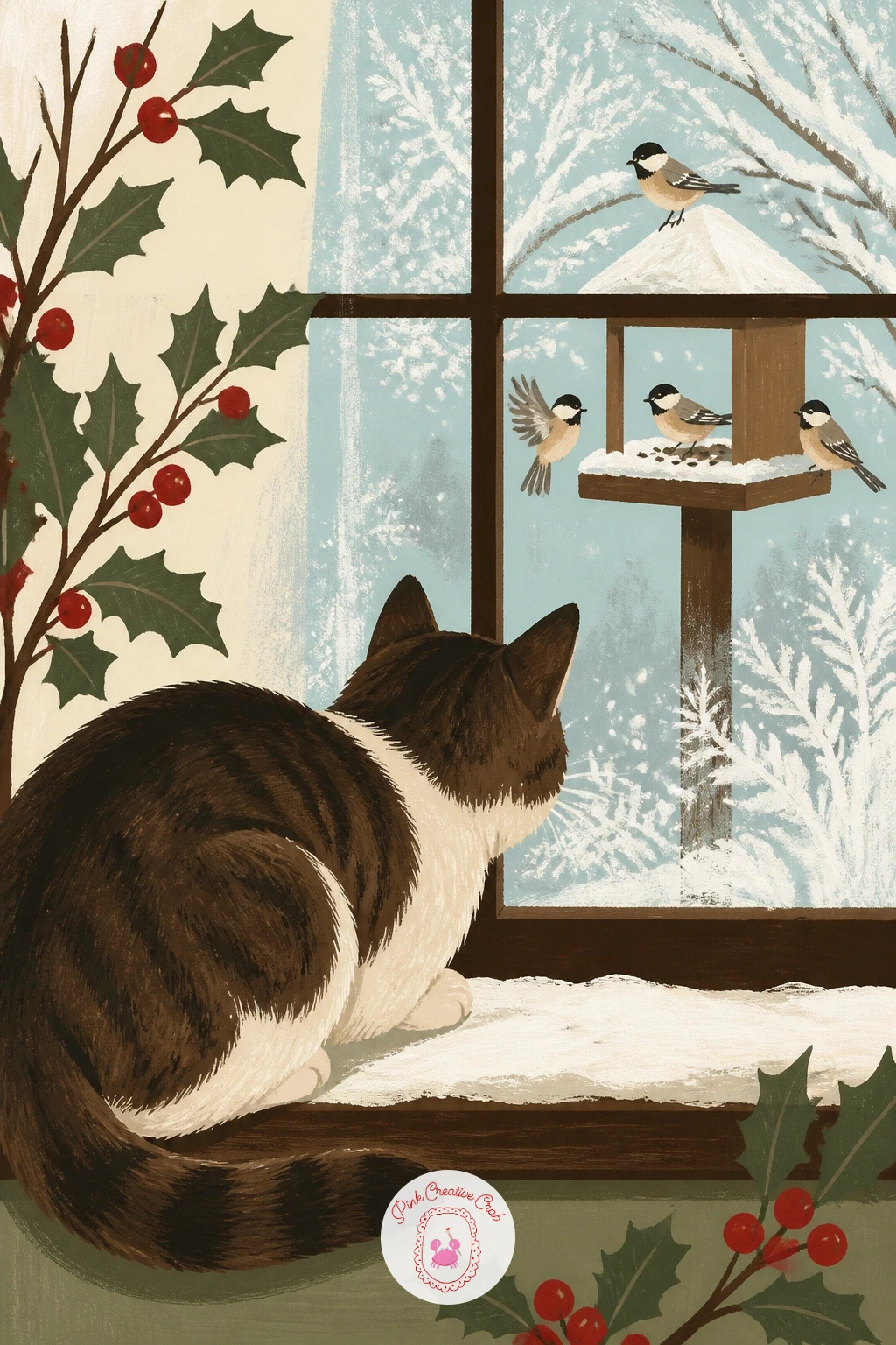 Cat Watching Birds at a Snowy Feeder — Move the cat's attention outside again with a cat watching birds at a snowy feeder through the glass. Cat illustration