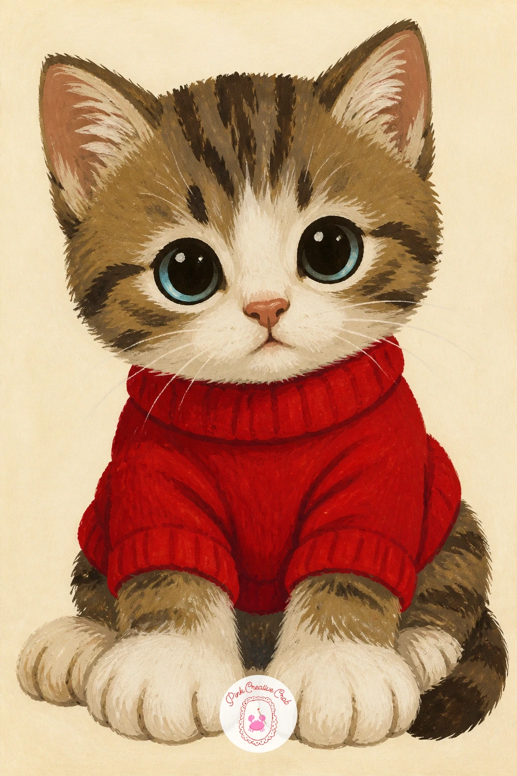 Kitten in a Cherry Red Sweater — Dress up the subject for this one: a kitten in a tiny cherry red knit sweater. Cat illustration