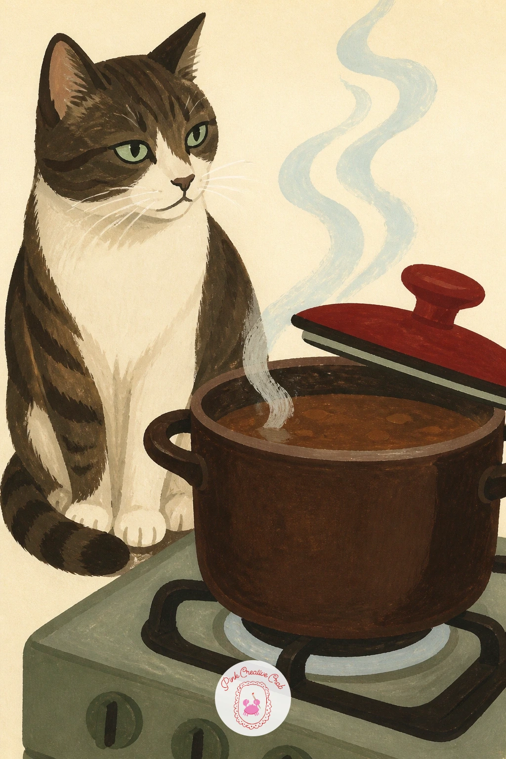 Cat Beside a Steaming Soup Pot — Head into the kitchen for a cat sitting beside a soup pot steaming on the stove. Cat illustration