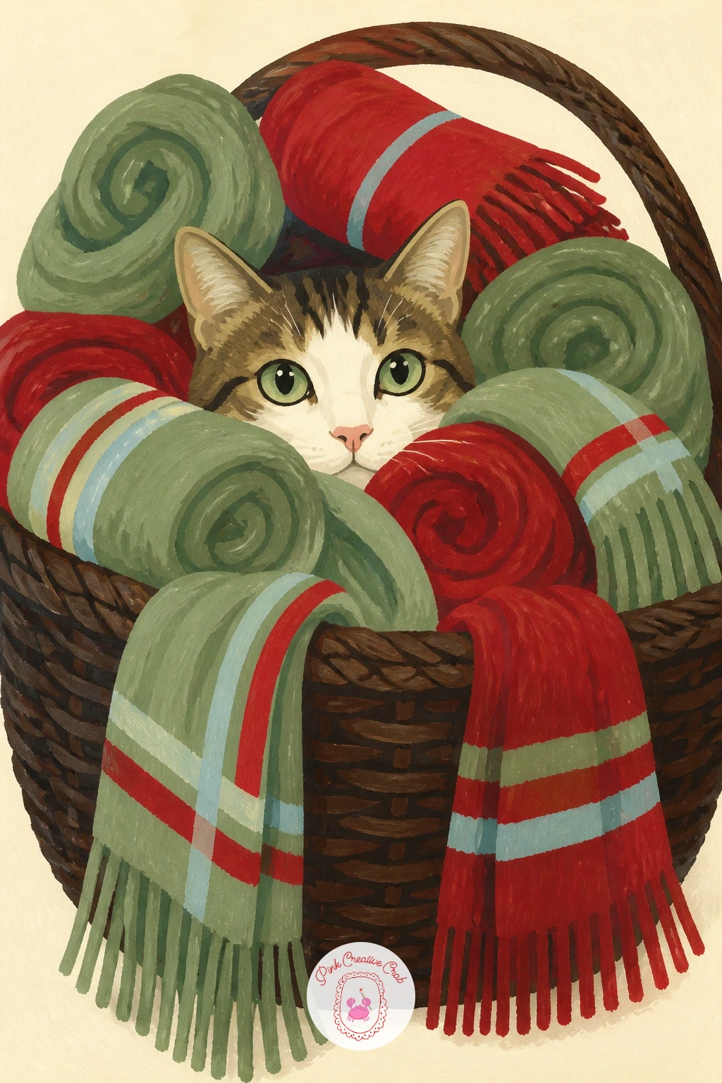Cat Peeking Out of a Basket of Scarves — Return to wool for a cat peeking out of a basket piled with wool scarves. Cat illustration