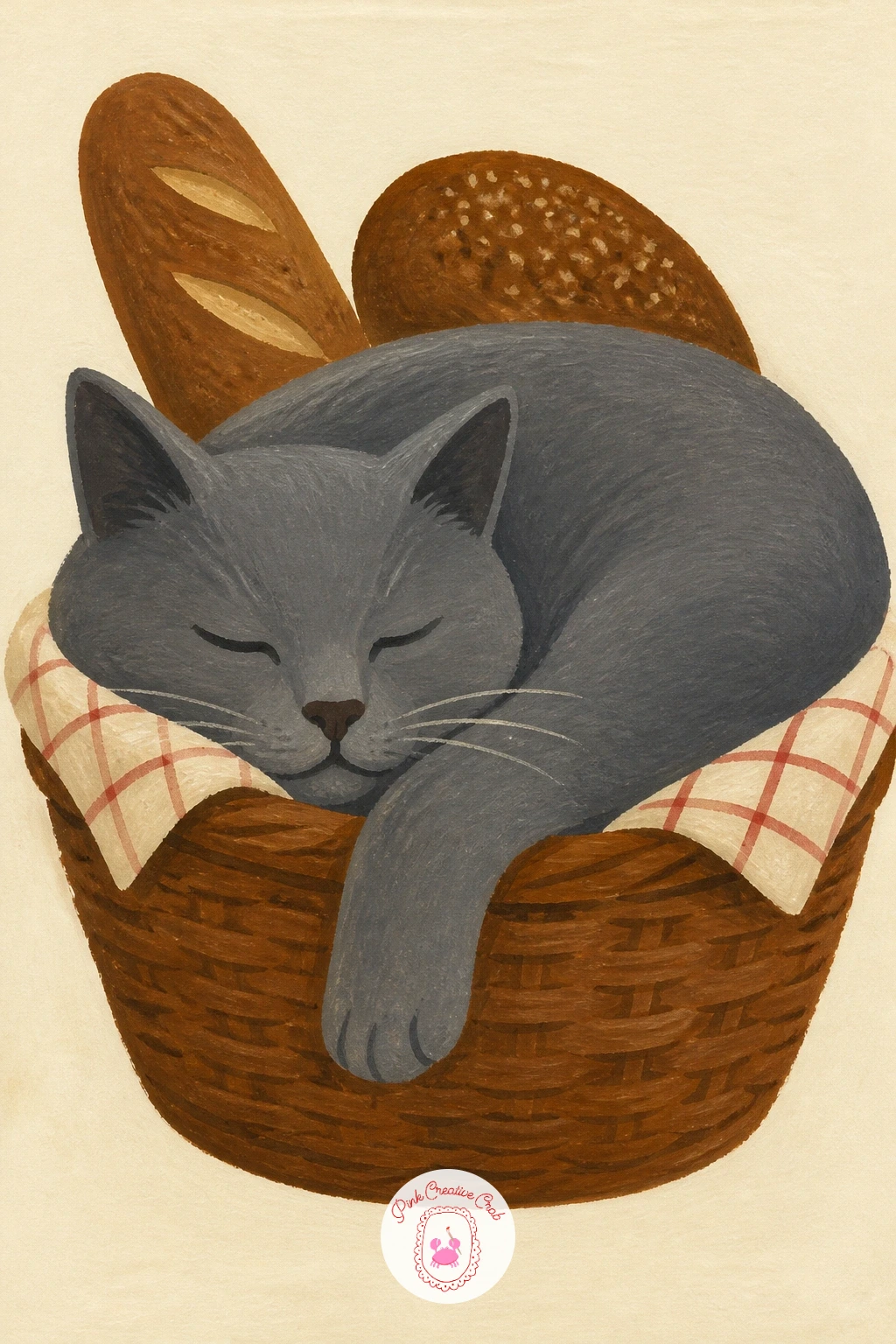 Grey Cat Dozing in a Bread Basket — Keep the kitchen theme going with a grey cat dozing in a bread basket on the kitchen table, somehow fitting itself into a